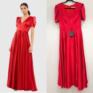 Size 8 Mac Duggal Puff‎ Sleeve V-Neck Satin Gown Dress